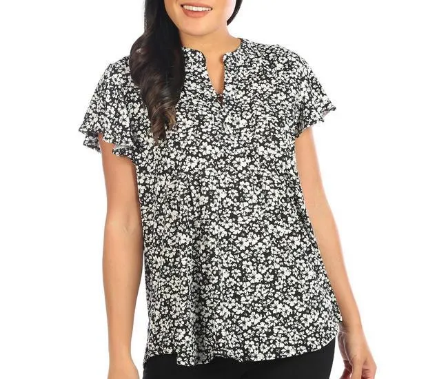 Womens Floral Lace Up Short Sleeve Top