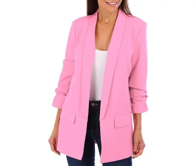Womens Solid 3/4 Ruched Sleeve Crepe Blazer