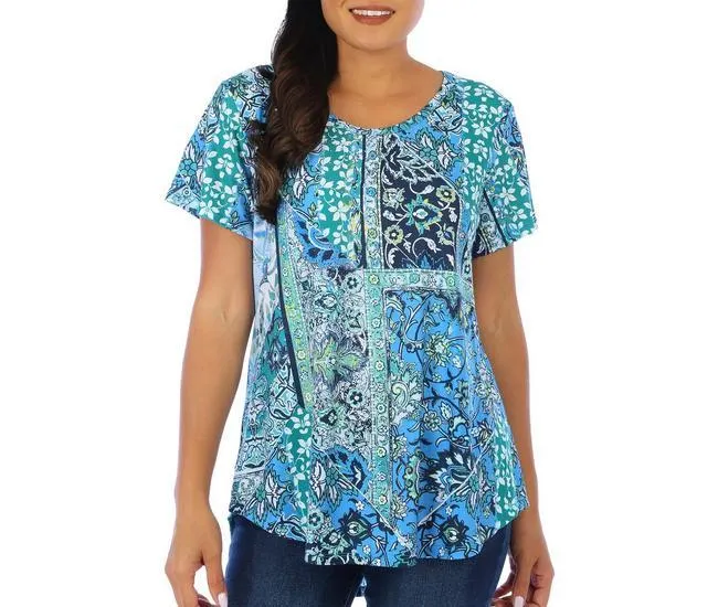 Womens Embellished Mixed Print Short Sleeve Top