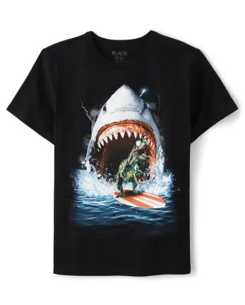 Boys Dino Shark Graphic Tee - black