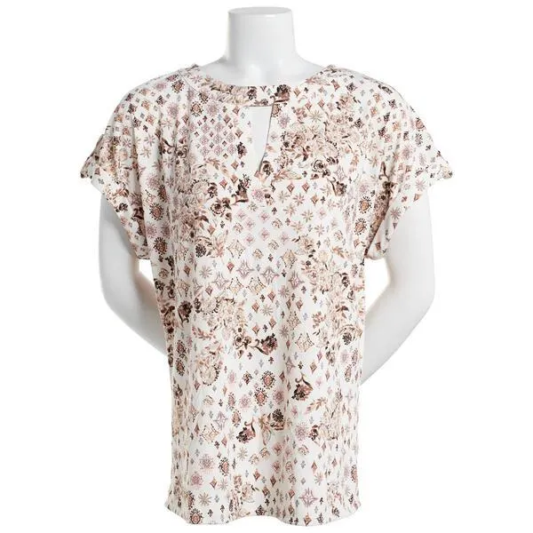 Womens Cure Short Sleeve Floral Diamond Crepe Split Neck Blouse