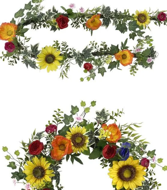Coordinating Summer Yellow Sunflowers & Red Poppies Wreath & Garland