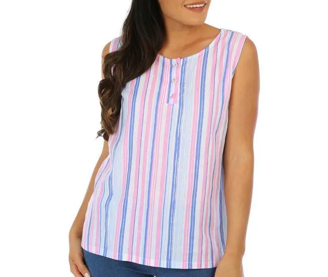 Womens Stripe Henley Sleeveless Top