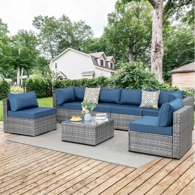 Walsunny 7 Piece Outdoor Patio Conversation Set, Rattan Sectional Sofa Set, All-Weather Outdoor Modern Sectional Furniture Wicker Couch with Glass Coffee Table,Navy Blue
