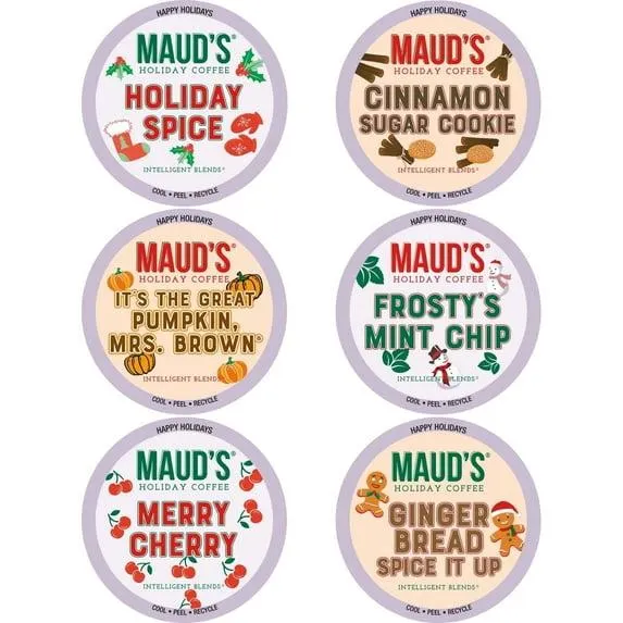Maud's Holiday Blend Coffee Pods Variety Pack, 24 ct, 6 Assorted Flavors, Medium Roast Coffee in Recyclable Single Serve Pods – 100% Arabica Beans, Compatible with Keurig K Cups Maker