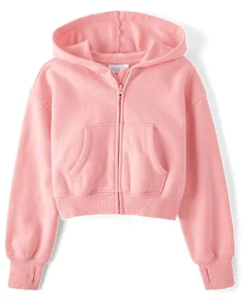 Girls Fleece Cropped Zip Up Hoodie - fuzzy pink cl