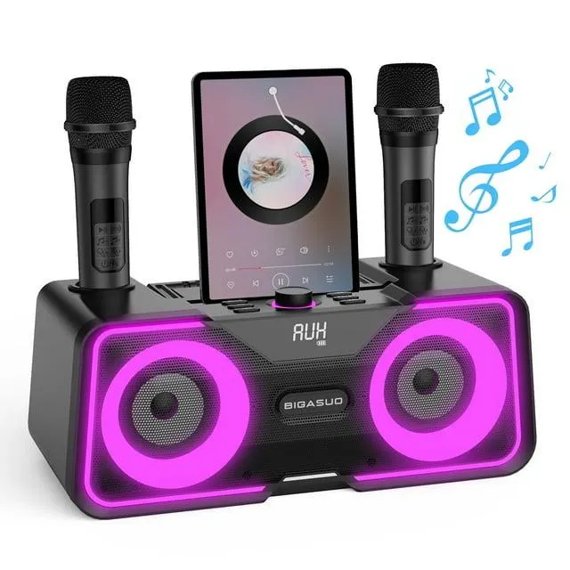BIGASUO Karaoke Singing Machine, Portable Bluetooth Party Speakers with 2 Karaoke PA System microphones for Adult & Kids, Bluetooth Karaoke Machine with LED Lights Supports TF Card/USB, Aux In