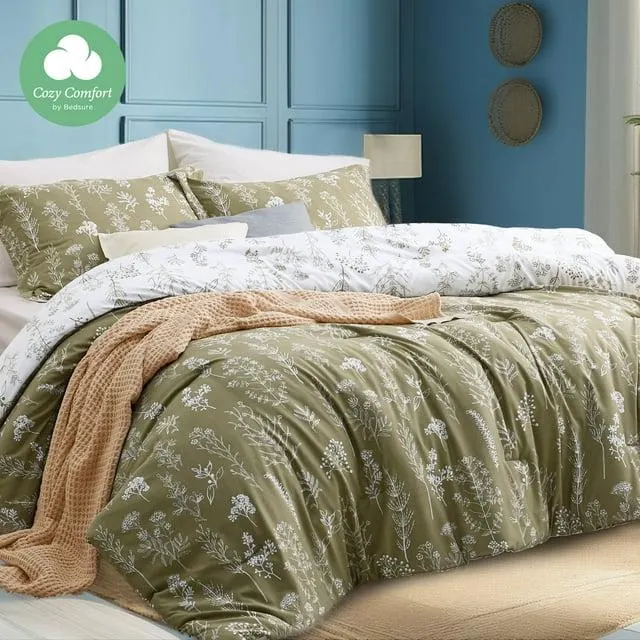 Cozy Comfort 3 Pieces Comforter Sets, 1 Soft Reversible Botanical Flowers Comforter and 2 Pillow Shams, Olive Green, Twin Size
