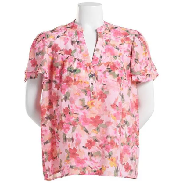 Womens Nanette Lepore Flutter Tier Sleeve Floral Blouse
