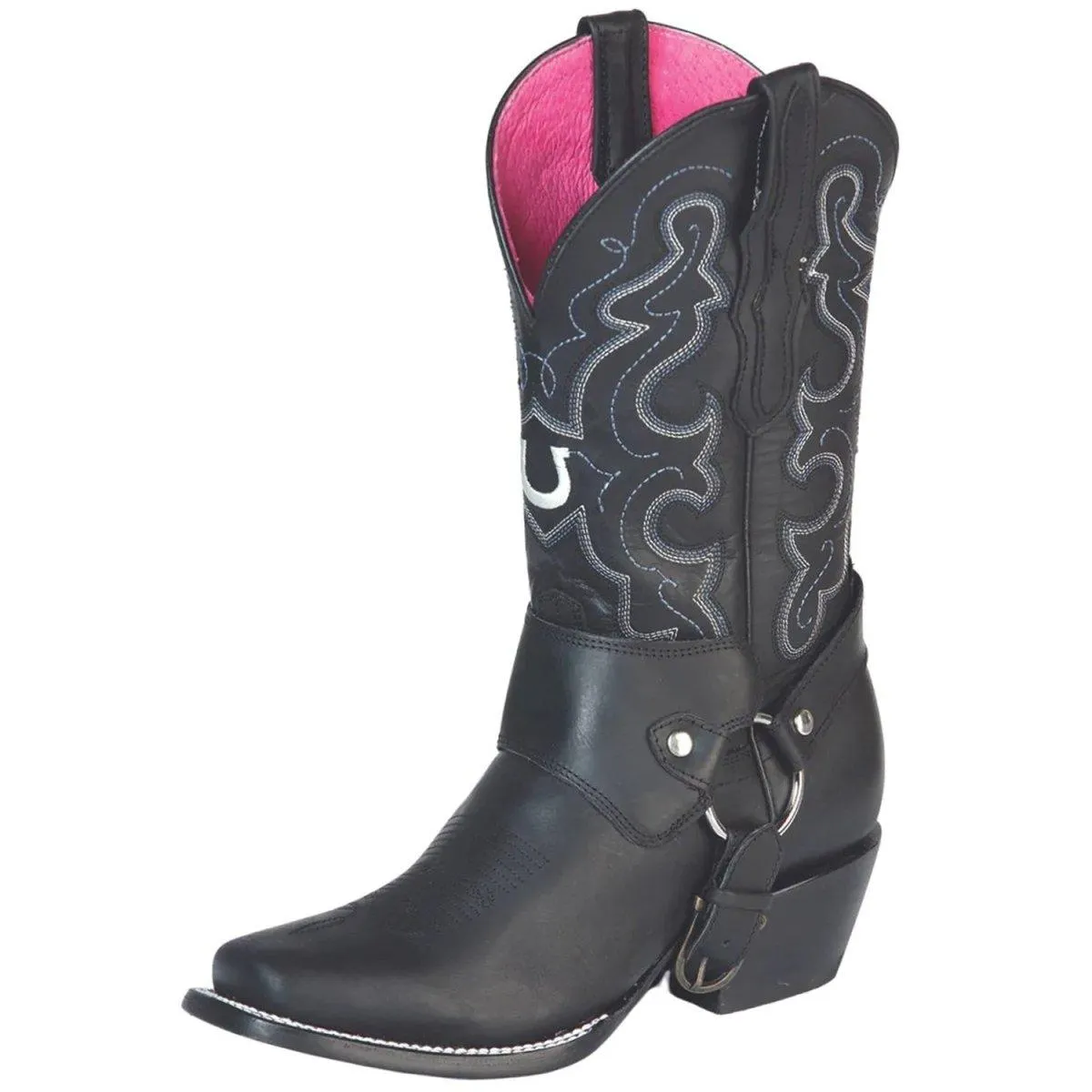 Botas Vaqueras Cuero Crazy de Mujer en Horma Rodeo Negro con Arnes GEN-51135