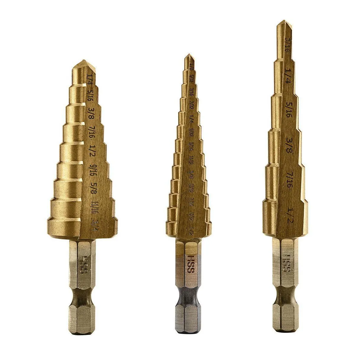 1/8 in. - 3/4 in. #1 Titanium Step Drill Bit (13-Steps), #2 Titanium Step Drill Bit (6-Steps), and #3 Titanium Step Drill Bit (9-Steps)