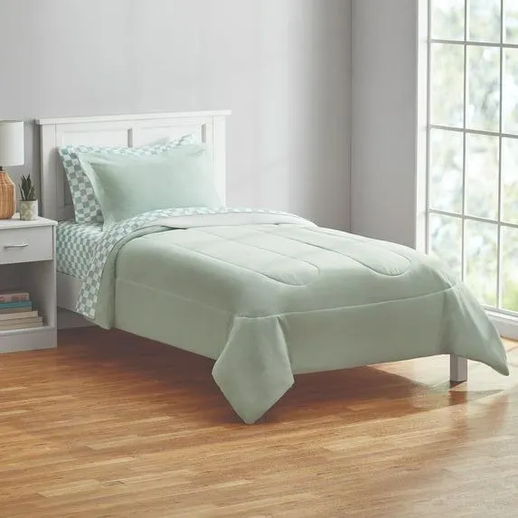 Mainstays 5-Piece Reversible Bed in a Bag Comforter Set with Sheets, Sage, Twin-XL