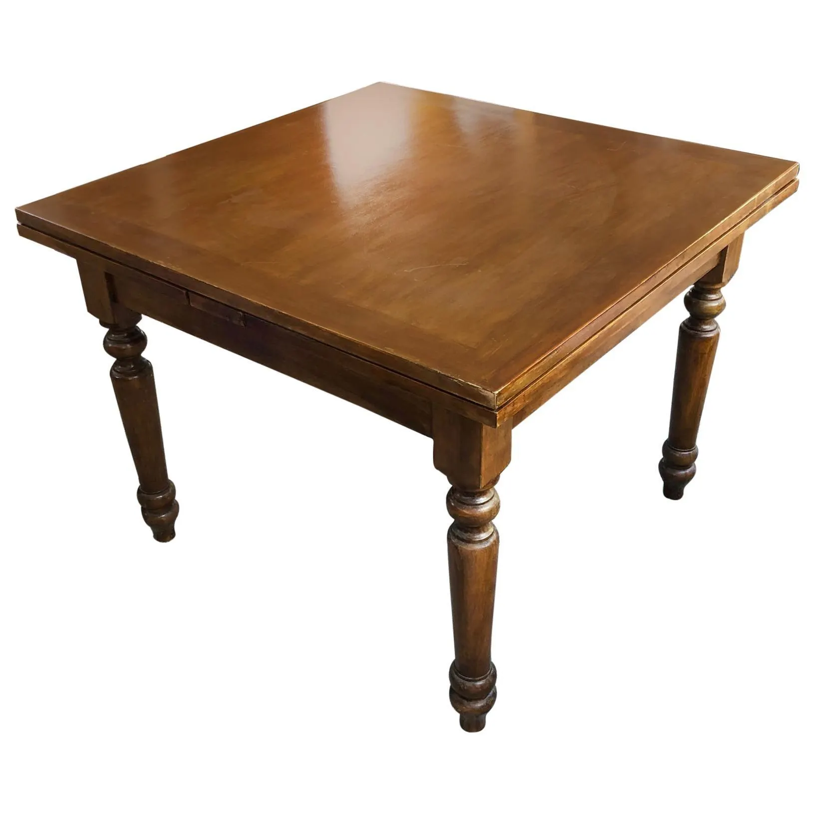 Mesa de nogal de los años 50, original italiana, cuadrada, extensible, con pata torneada