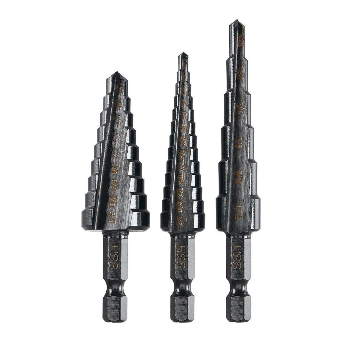 1/8 in. - 3/4 in. #1 Black Oxide Step Drill Bit (13-Steps), #2 (6-Steps), and #3 (9-Steps)