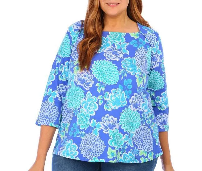 Plus Floral Square Neck 3/4 Sleeve Top