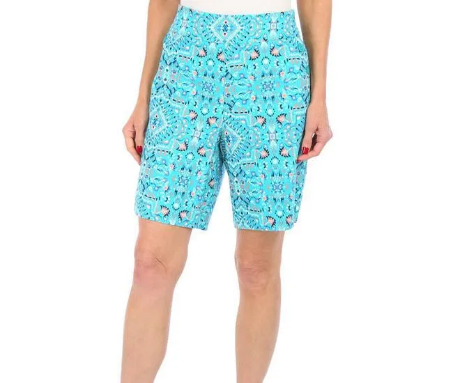 Womens Button Accent Abstract Print Shorts