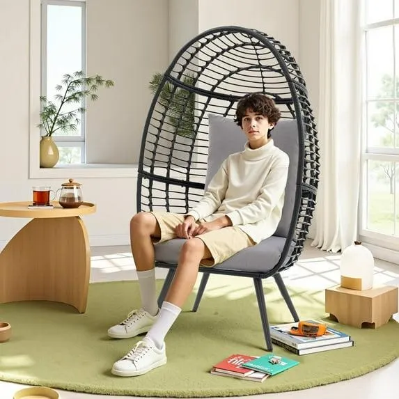 Wicker Egg Chair Outdoor Rattan Patio Chair with Cushion,Oversized Patio Lounge Chairs with Cushion Egg Basket Chair, Egg Seat for Indoor Living Room Bedroom Outside Patio Backyard Balcony, Gray