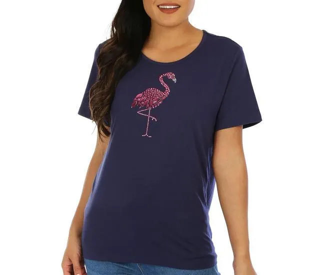 Womens Jewelled Flamingo Short Sleeve Top