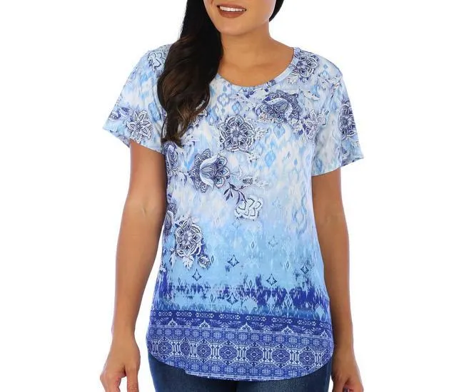 Womens Embellished Print Short Sleeve Top