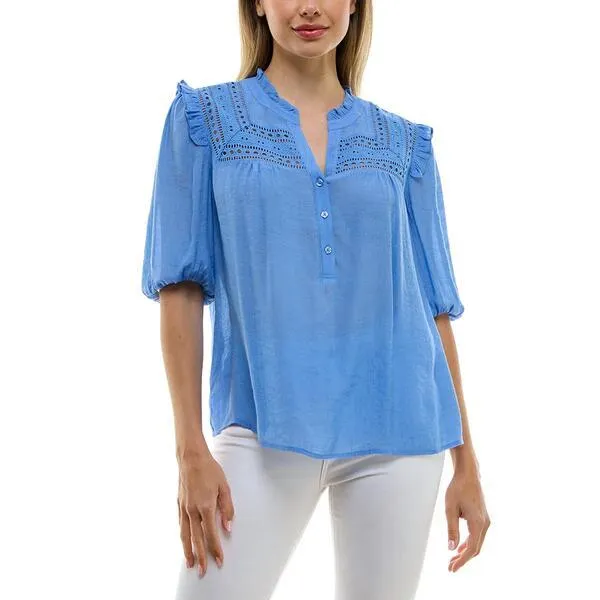 Womens Zac & Rachel Elbow Sleeve V-Neck Crochet Blouse