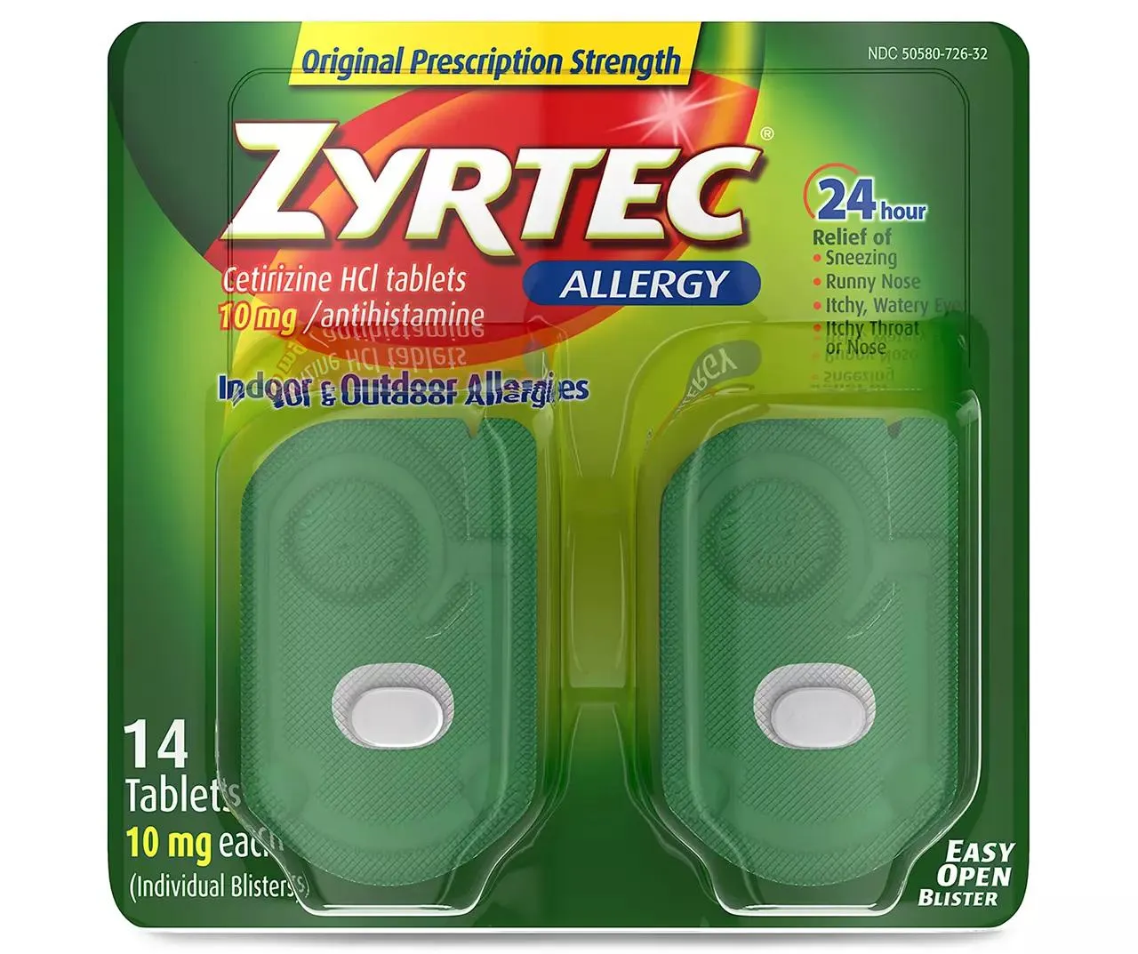 Zyrtec 24 Hour Allergy Relief Tablets, Indoor & Outdoor Allergy Medicine with 10 mg Cetirizine HCl per Antihistamine Tablet, On-the-Go Relief, Individual Travel Pouches, 14 ct, (14 x 1 ct)