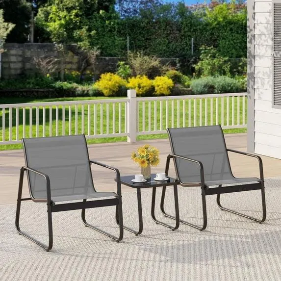 Asofer 3-Piece Outdoor Patio Furniture Set with Glass Table, Bistro Chairs Set for Poolside, Porch, Lawn, Gray