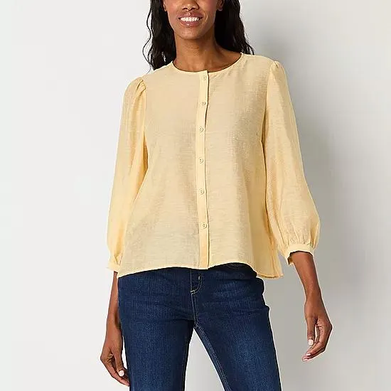 Liz Claiborne Womens 3/4 Sleeve Regular Fit Button-Down Shirt