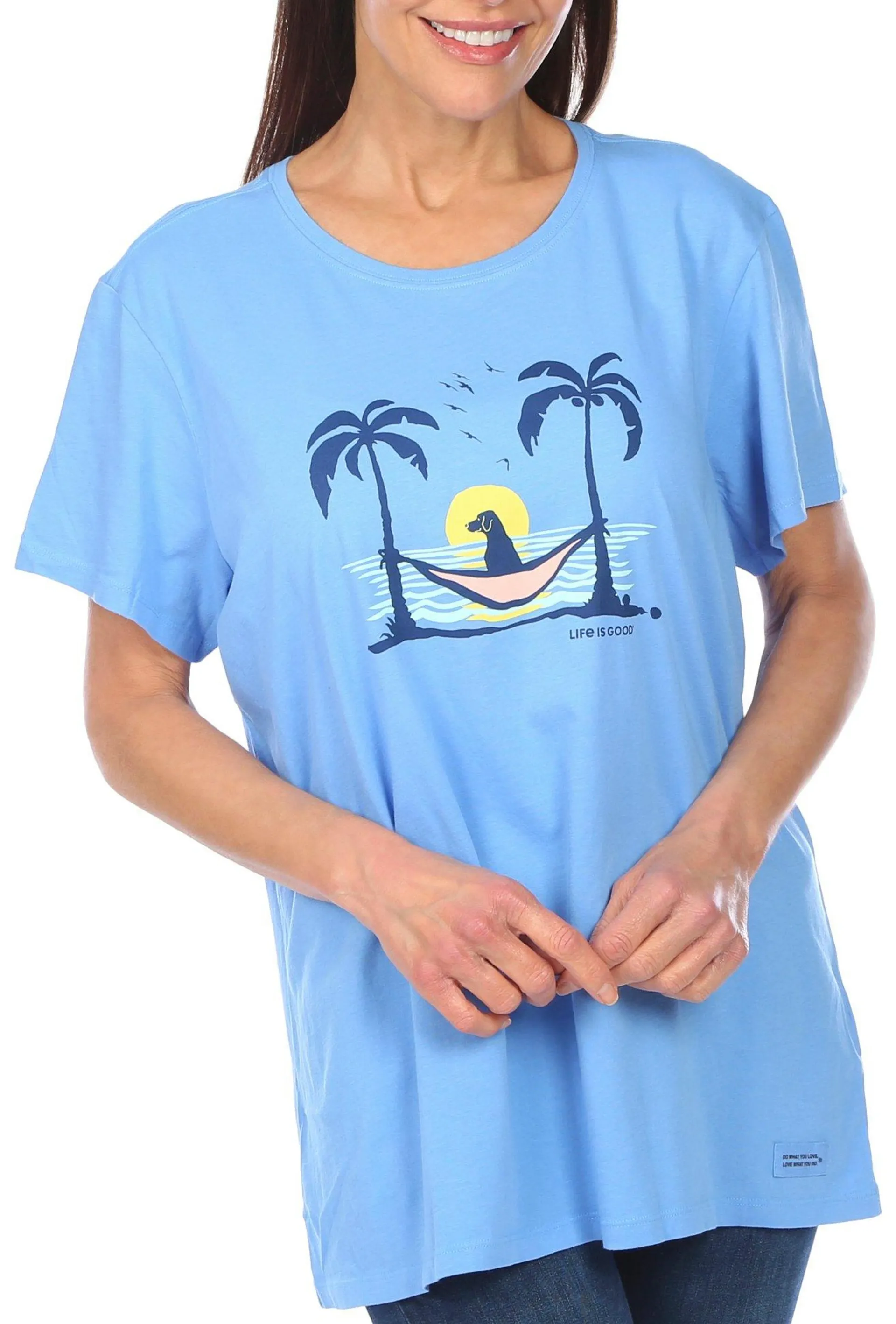 Life Is Good Womens Beach Dog Hammock Crew Neck T-Shirt