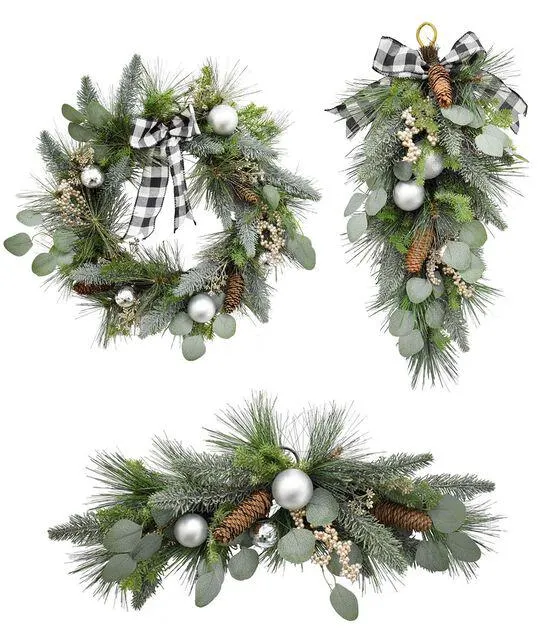 Matching Holiday Silver Bauble & Eucalyptus Wreath, Teardrop, & Swag