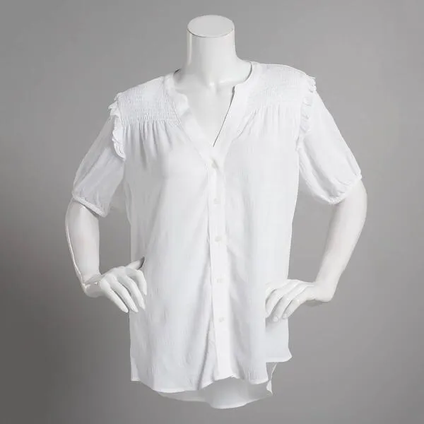 Womens Tommy Hilfiger Short Sleeve Solid Smocked Yoke Blouse