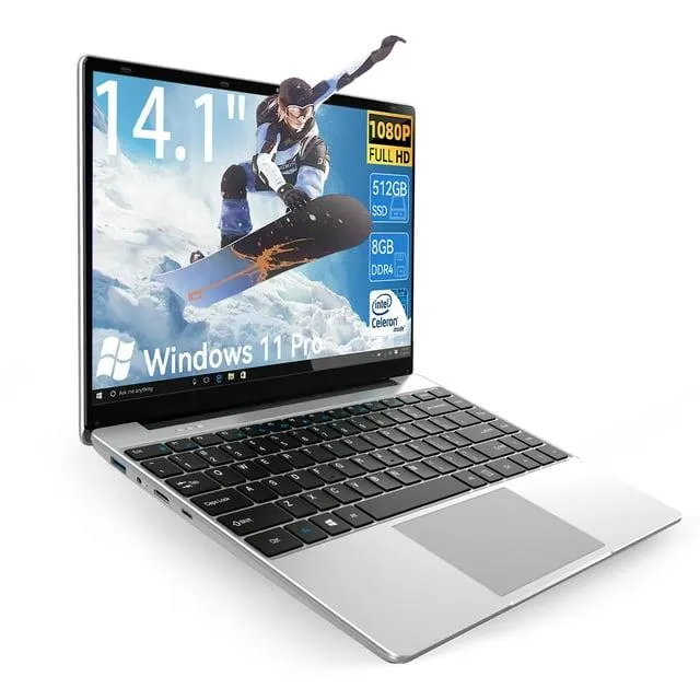 14.1in Windows 11 Pro Laptop, 8GB DDR4, 512GB SSD Computer, Intel Celeron, 1920x1080, 1TB Expansion, Silver
