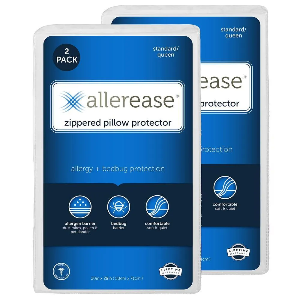 Aller-Ease Set of 2 Standard/Queen AllerEase Pillow Protectors - Moisture Wicking, Advanced Allergy Protection - Premium Polyester, Zippere