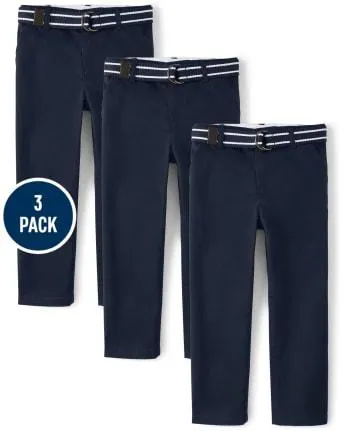 Boys Belted Chino Pants with Stain and Wrinkle Resistance 3-Pack - Uniform - navy slate