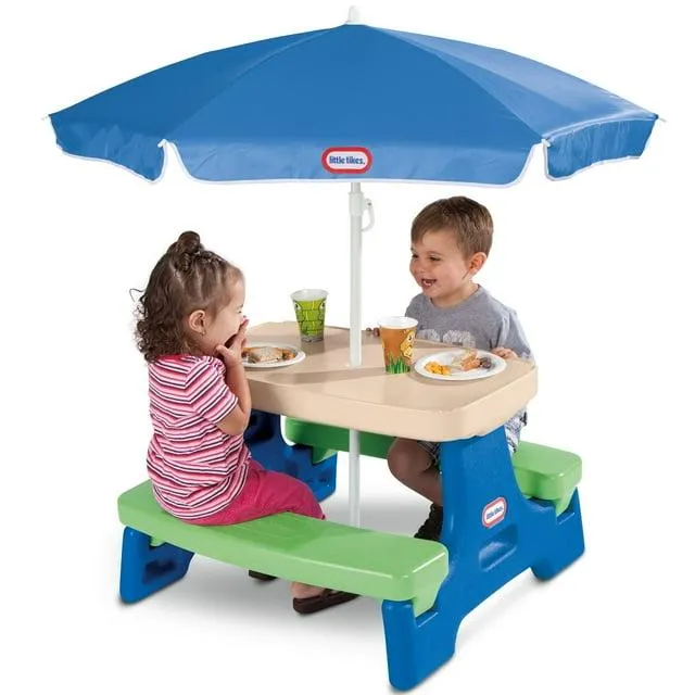 Little Tikes Outdoor Portable Kids Picnic Table with Umbrella, Blue/Green