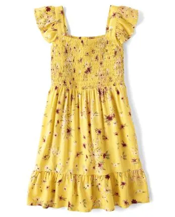 Girls Floral Smocked Ruffle Dress - banana pudding