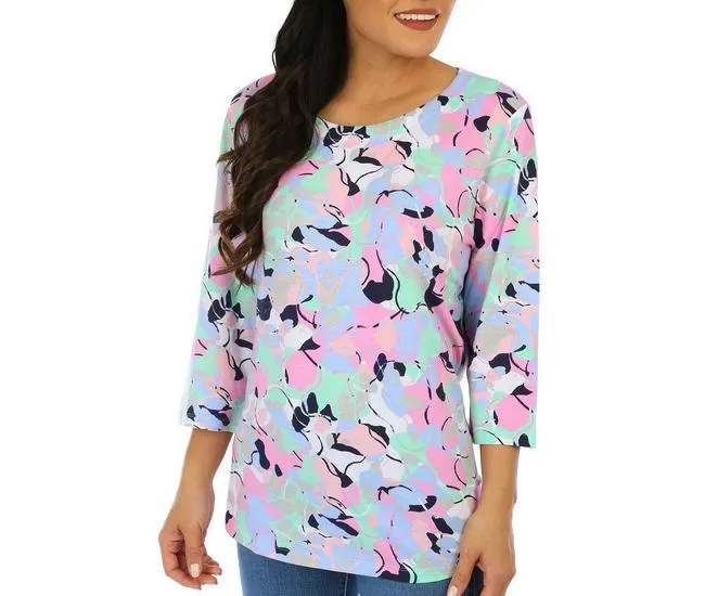 Womens Print Scoop Neck 3/4 Sleeve Top