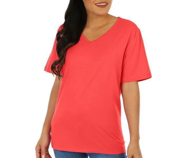 Womens Solid V-Neckline Short Sleeve Top