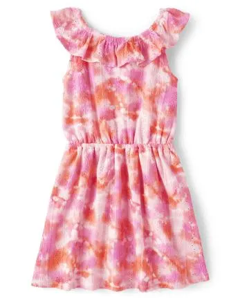 Girls Tie Dye Jacquard Eyelet Ruffle Dress - yreka pink