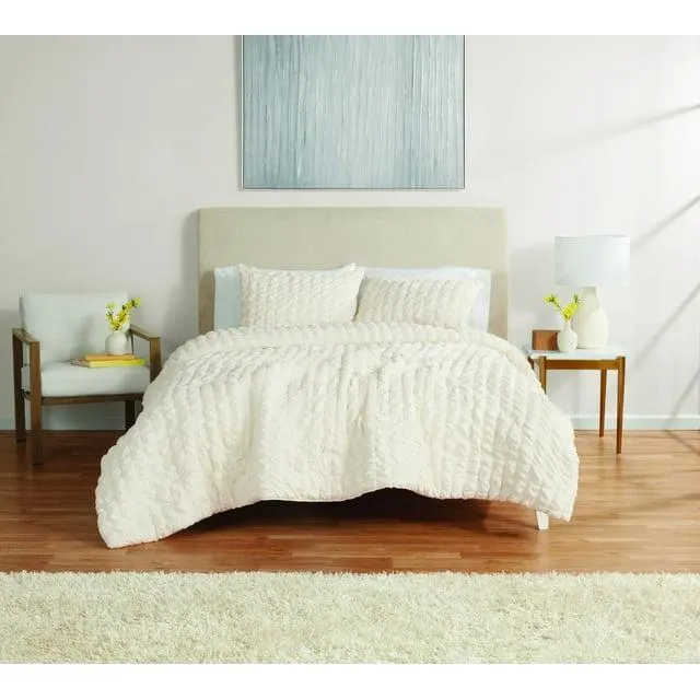 Mainstays 3-Piece Seersucker Comforter Set, Cream, F/Q, All Ages, Unisex