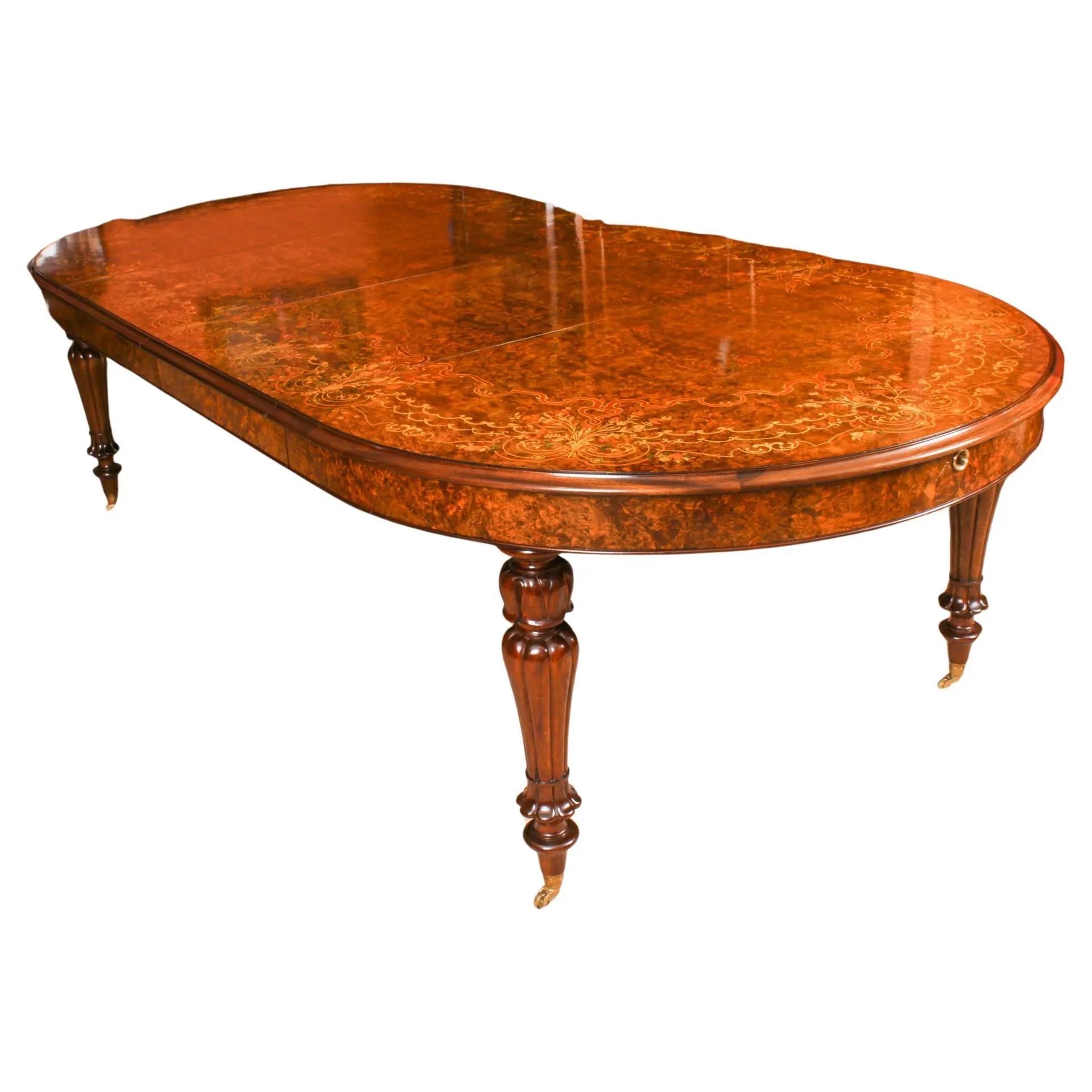 Mesa de comedor vintage de nogal con marquetería de 3 metros Siglo XX