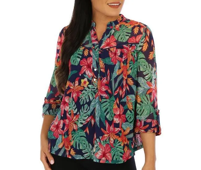 Womens Floral Mesh 3/4 Sleeve Top