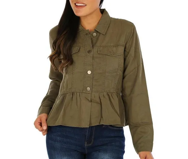 Womens Embroidery Button Front Flounce Hem Jacket