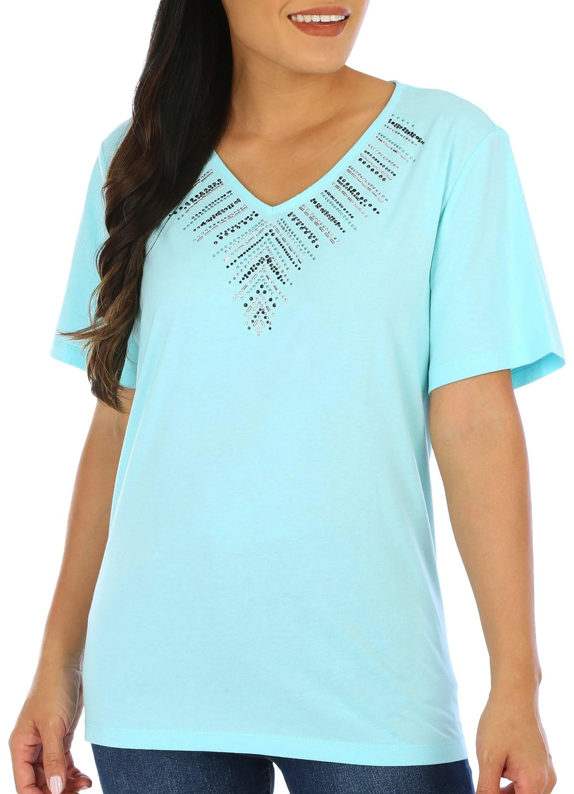 Coral Bay Womens Embellished Jewel Short Sleeve Top