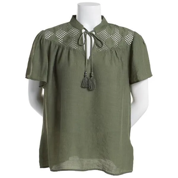 Womens Nanette Lepore Short Sleeve Eyelet Inset Woven Blouse