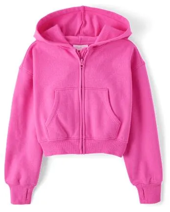 Girls Fleece Cropped Zip Up Hoodie - pink summer