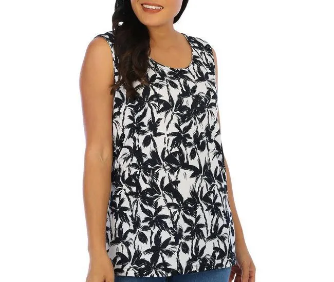 Womens Palm Print Scoop Neck Sleeveless Top