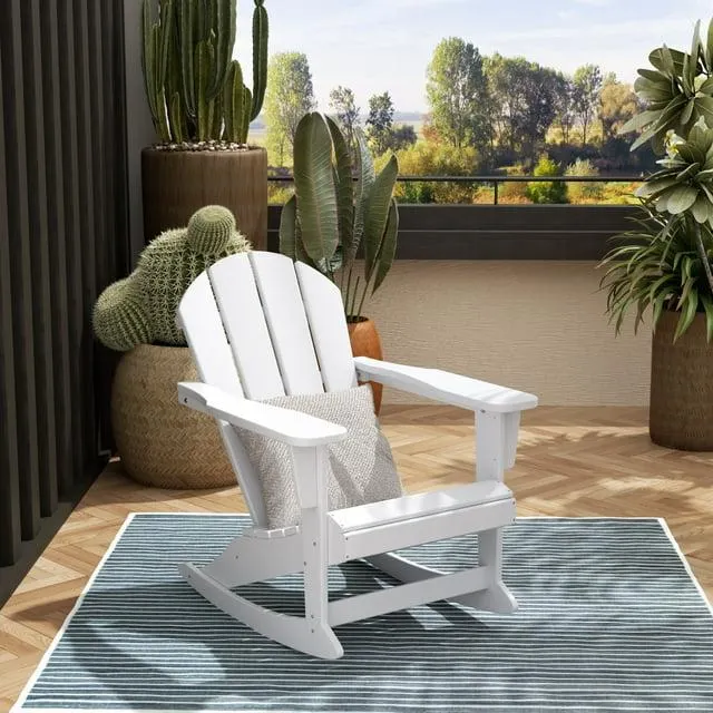 Westintrends Malibu White Rocking Chair Outdoor, All Weather Resistant Poly Lumber Classic Porch Rocker Chair, 350 lbs Support Patio Lawn Plastic Adirondack Chair
