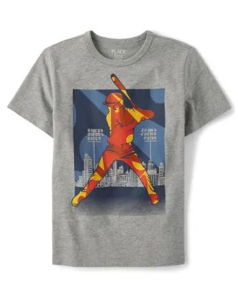 Boys Baseball Player Graphic Tee - s/d koala gray