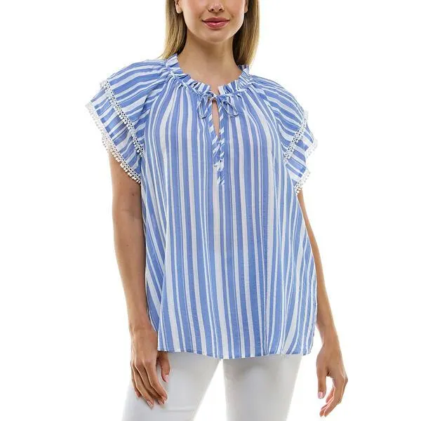 Womens Zac & Rachel Short Tiered Sleeve Patchwork Popover Blouse