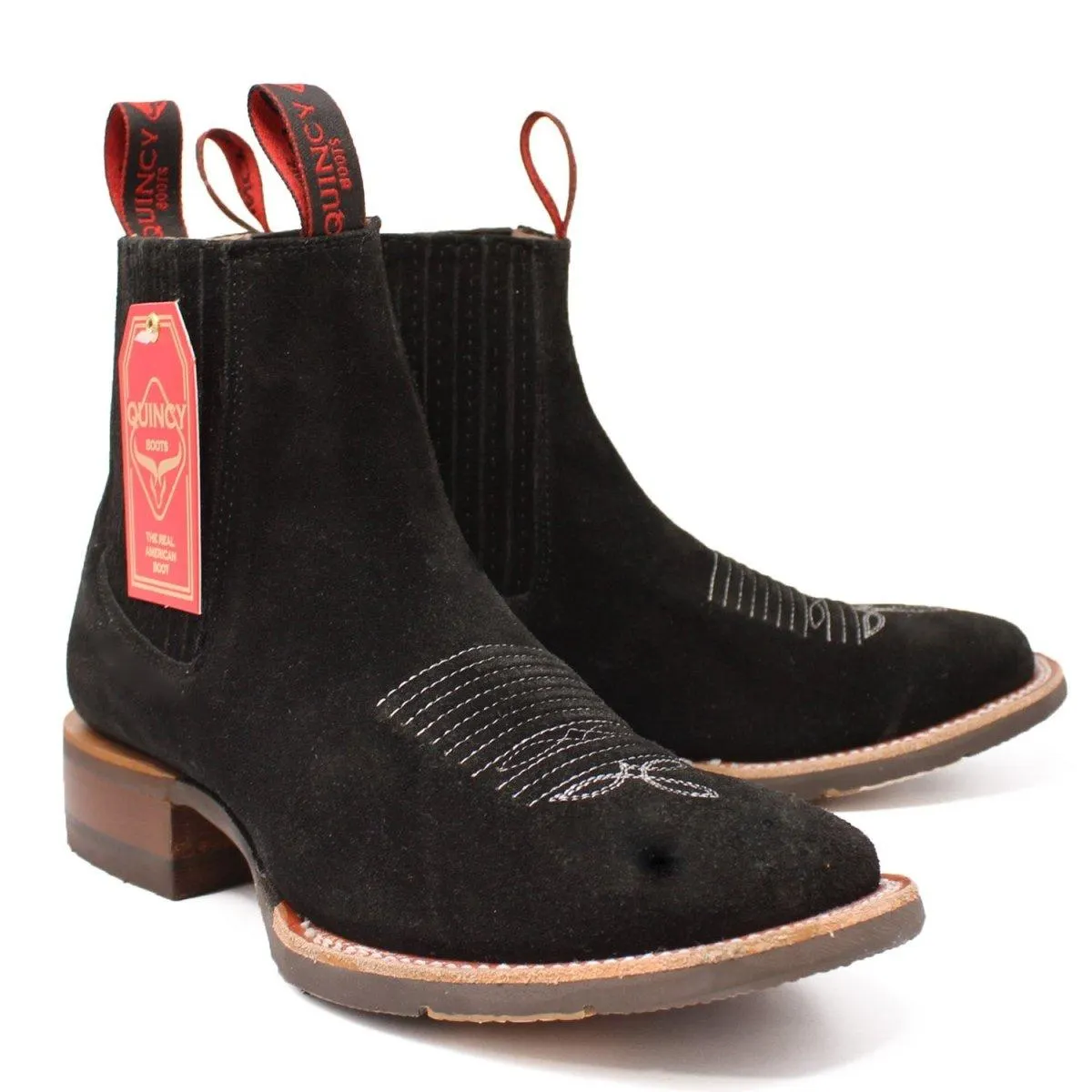 Botines Charros Quincy de Gamuza Punta Cuadrada y Suela de Hule Negro Q82BU6305